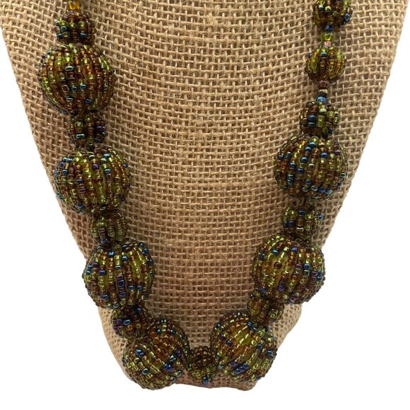 New Artisan Handmade Beaded Necklace Iridescent Green Tones Beads Chunky - Picture 1 of 10